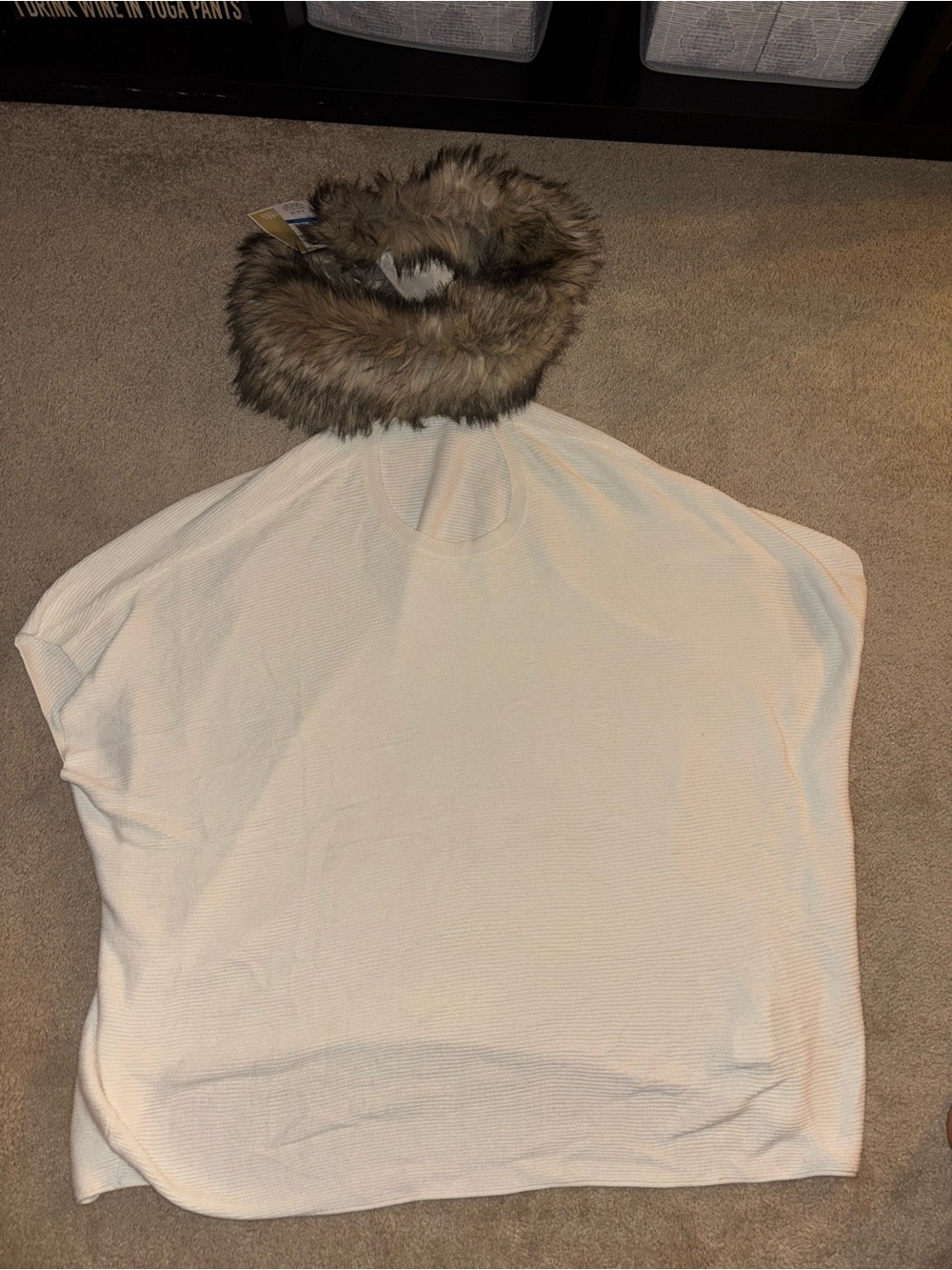 Women’s Cream Knit Sweater with built in and removable Faux Fur scarf